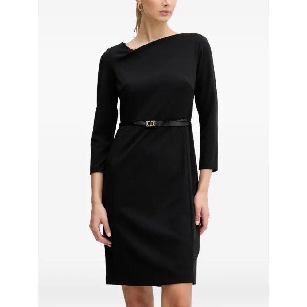 DKNY Womens Black Asymmetrical Neck Belted Scuba Crepe Sheath Dress